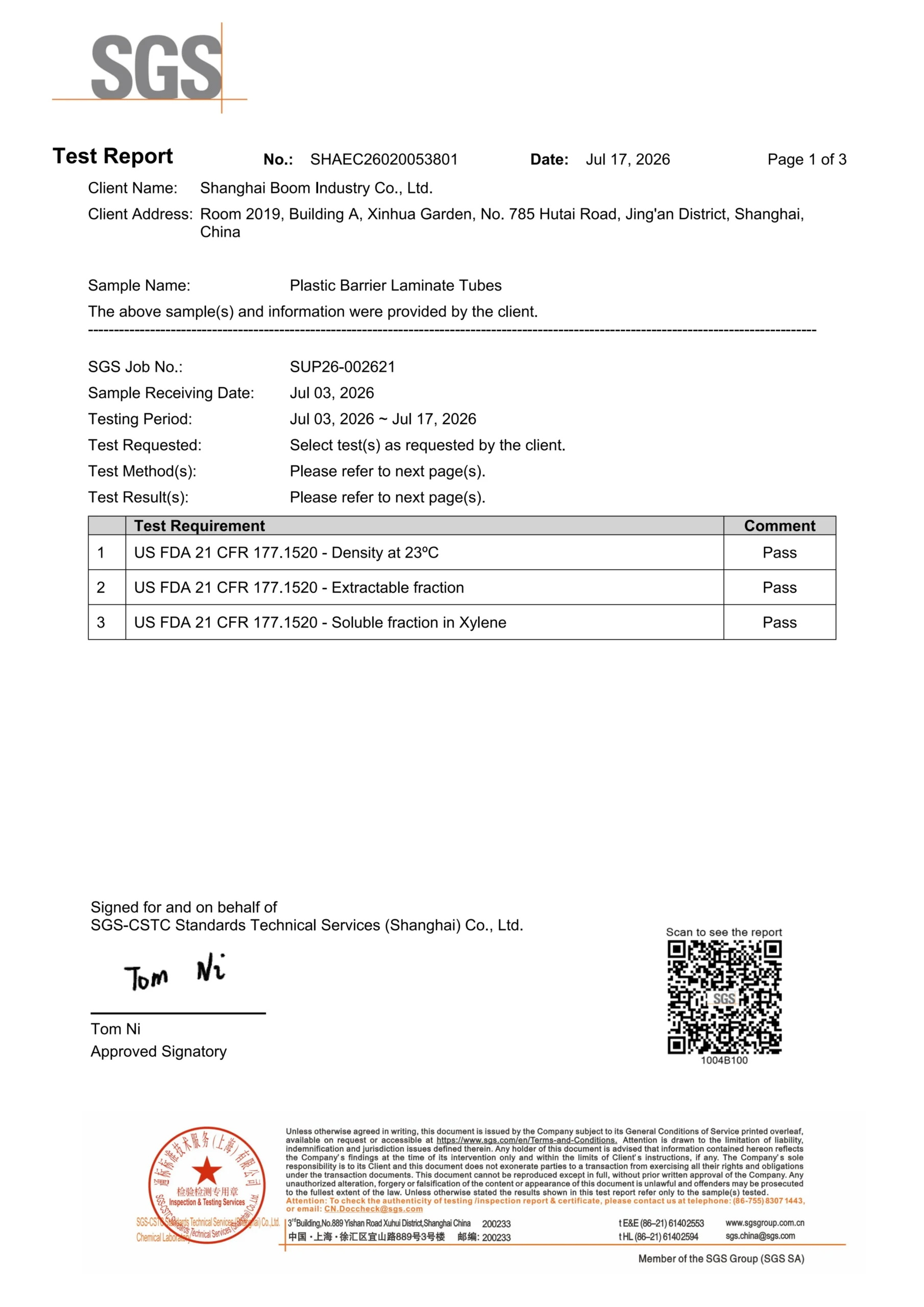 SGS test report certificate