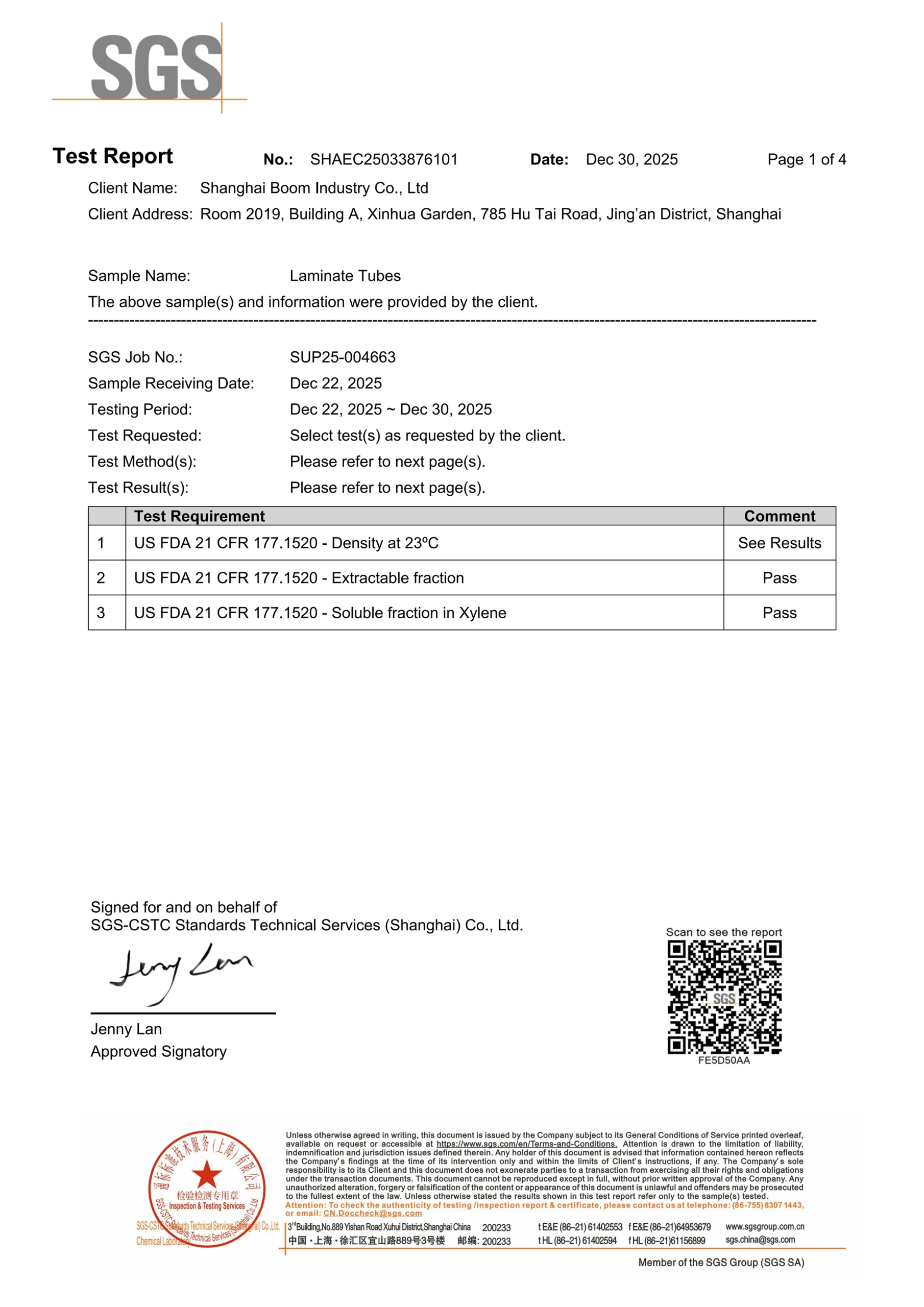 SGS test report certificate