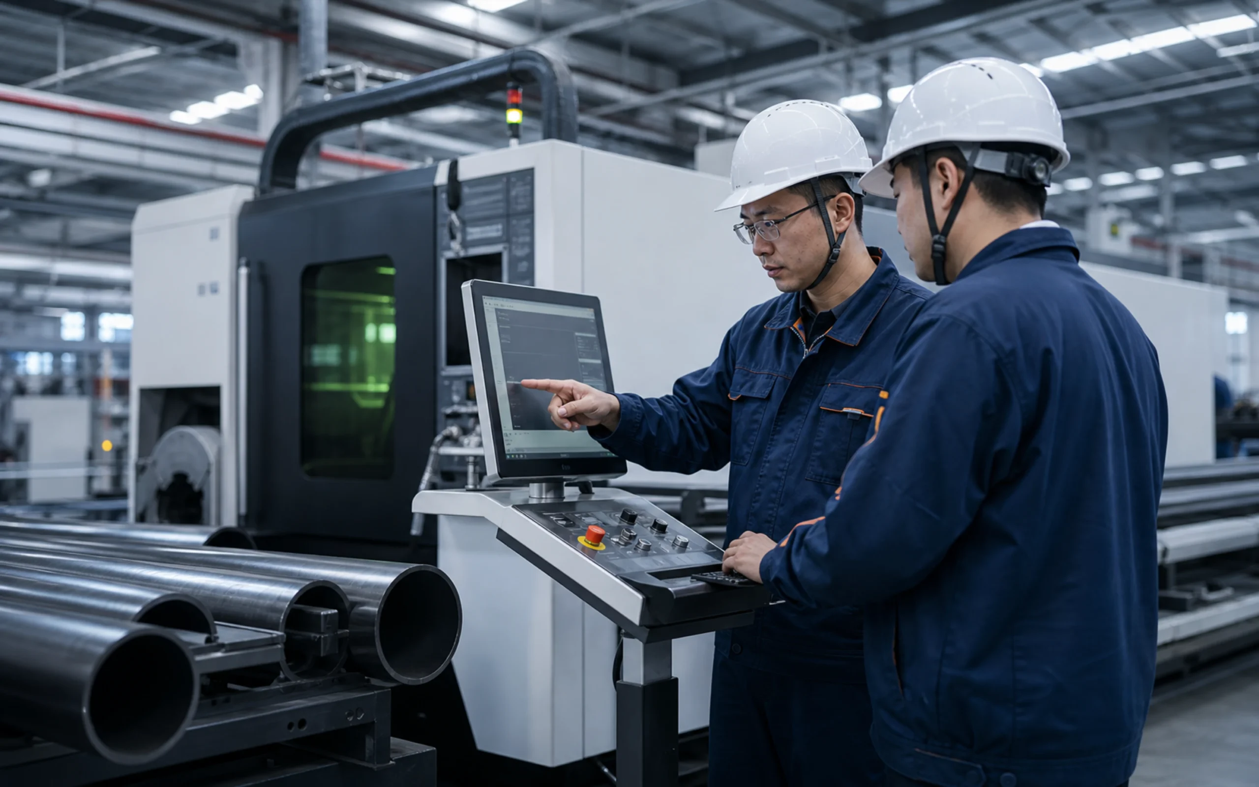 Engineers operating an industrial laser system